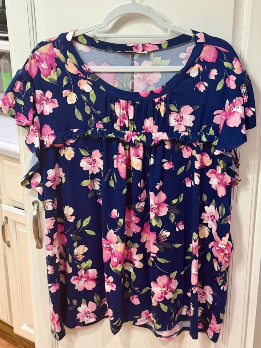 Floral Ruffle Short Sleeve Blouse - Navy with Pink Floral